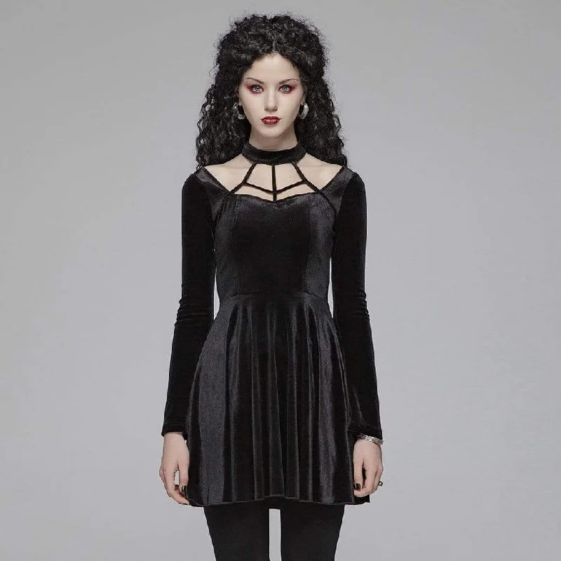 Fuzzy Knitted Long Sleeves DressWomen's Goth Stand Collar Floral Lace Long Sleeved Dress