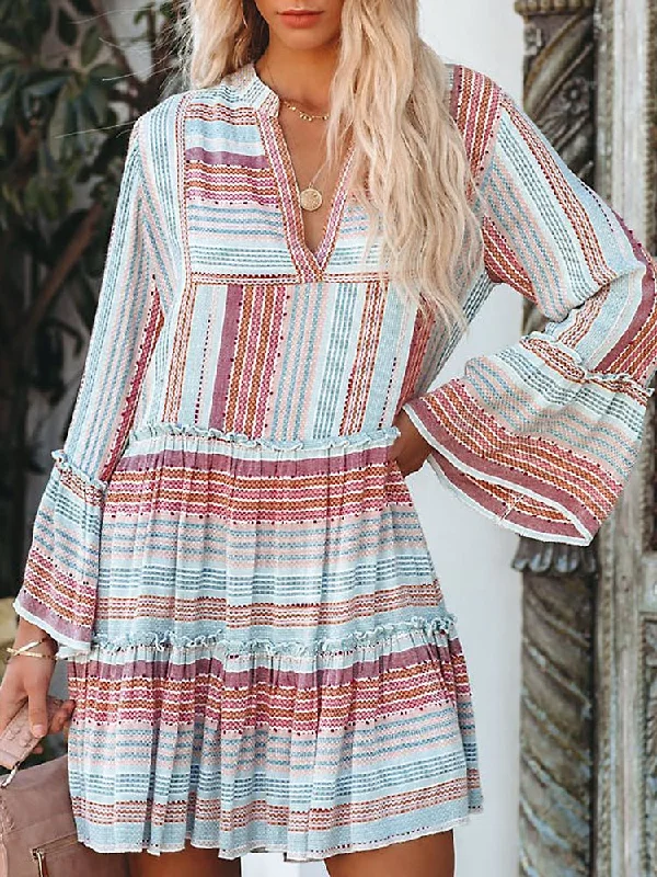 Fuzzy Long Sleeves Wrap DressStriped Print V-Neck Long Sleeve Dress