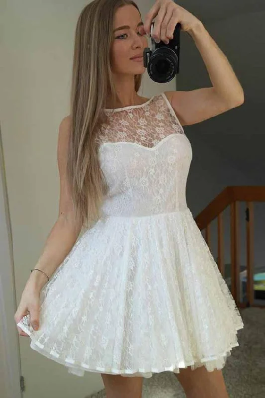 themed party dressesShort White French Lace Homecoming Dress