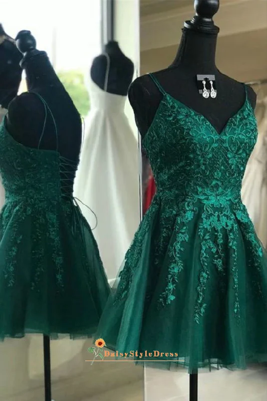 casual party dressesShort Criss Cross Back Dark Green Homecoming Dress