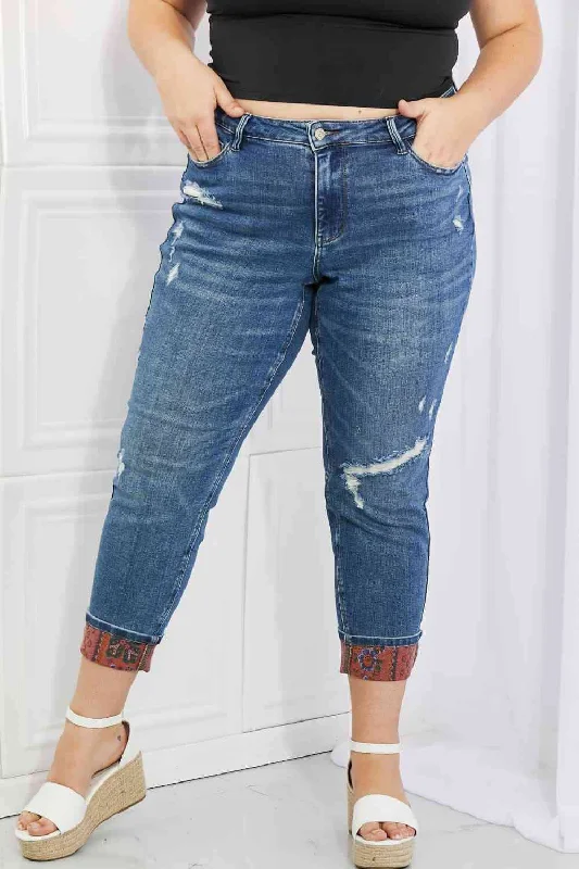 women's cropped denim jeansJudy Blue Gina Full Size Mid Rise Paisley Patch Cuff Boyfriend Jeans