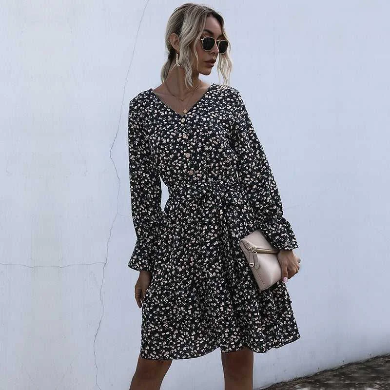 Funky Long Sleeves Jumpsuit DressKittenAlarm - Long Sleeve Floral Chiffon Dress High Waist Black Pleated Dress Spring Autumn Fashion Dress