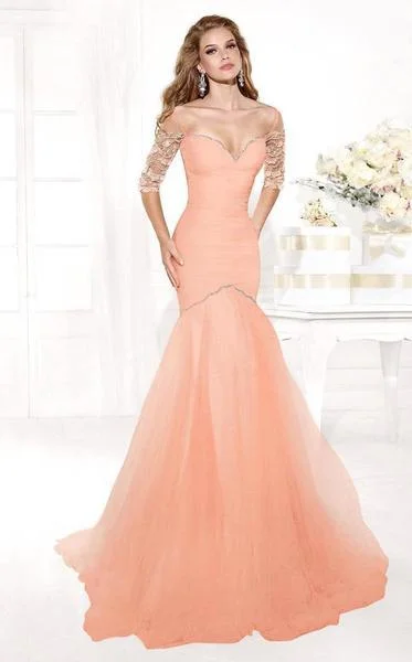 Formal Dress for Charity BallsTarik Ediz - Bejeweled Illusion Sleeve Fitted Trumpet Gown mte92372