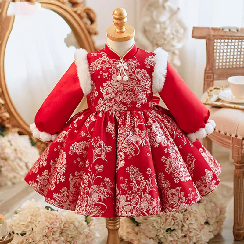 Flirty Fit Long Sleeves DressGirls Christmas Embroidery Winter Dress Toddler  Long Sleeves Princess Dress