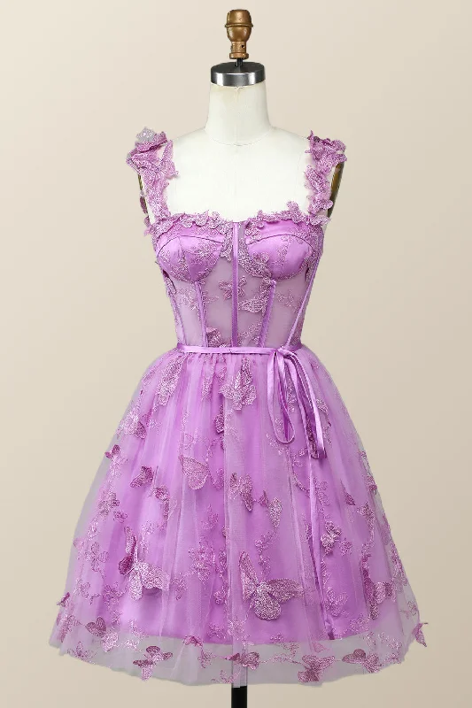 curve-hugging party dressesLilac Butterfly Tulle A-line Short Homecoming Dress