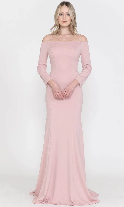 Formal Dress for Outdoor WeddingsPoly USA 8378 - Off-The-Shoulder Long Sleeve Fitted Gown