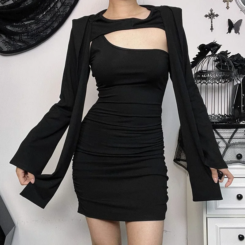 Feminine Long Sleeves DressWomen's Punk Cutout Long Sleeved Dress with Devil Hood