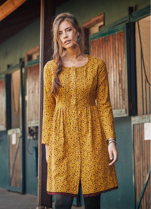 Fashionable Long Sleeves A-Line DressLace Hem Long Sleeve Floral Mustard Shirt Dress