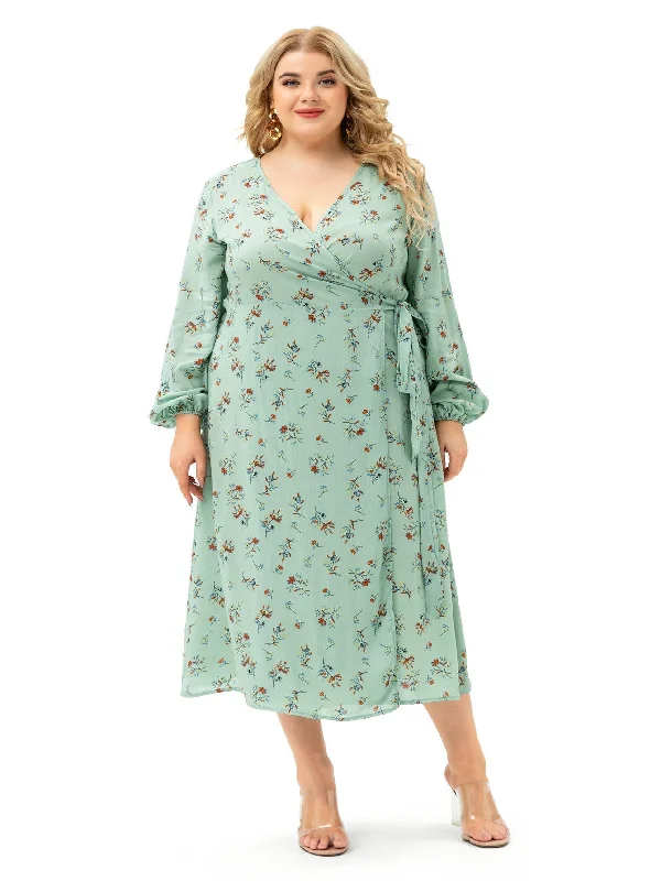 Full-Body Long Sleeves Jumpsuit DressKittenAlarm - Light Green Plus Size Long Sleeve Wrap Dress