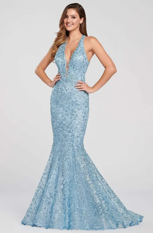 Formal Dress for Costume BallsEllie Wilde - Plunging Halter Metallic Lace Trumpet Gown EW119096 - 1 pc Sky Blue In Size 4 Available