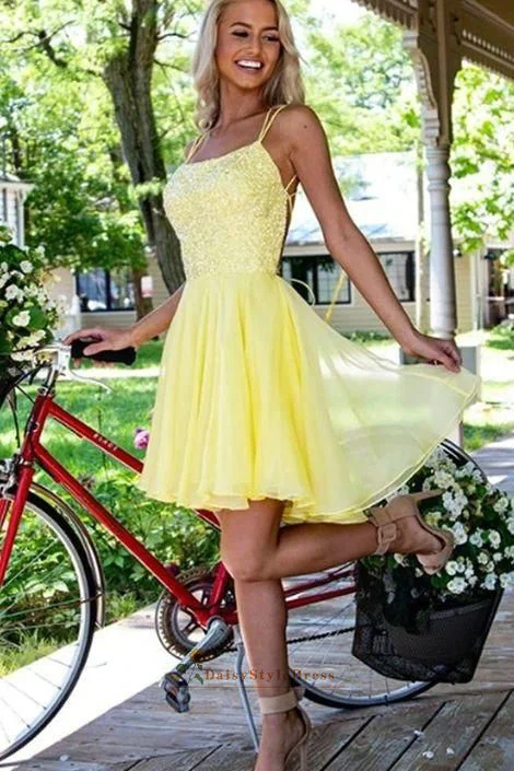 neon party dressesShort Yelllow Sequins Homecoming Dress with Criss-cross Back Style