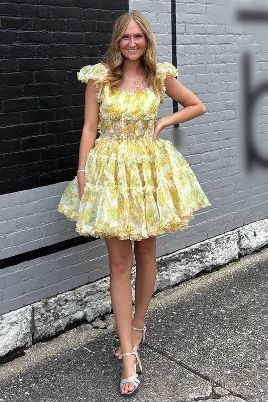 asymmetrical party dressesDingJiDress A-Line Homecoming Dress Cap Sleeves Yellow Floral Print