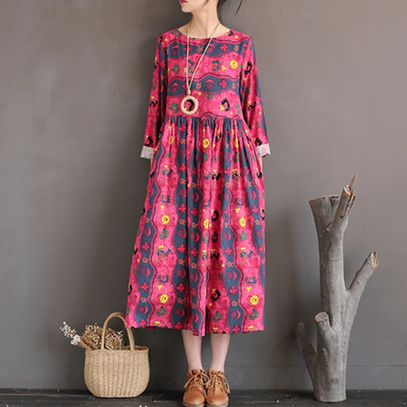 Fitted Long Sleeves Peplum Midi DressBabakud Vintage Cotton Linen Loose Printed Long Sleeve Dress