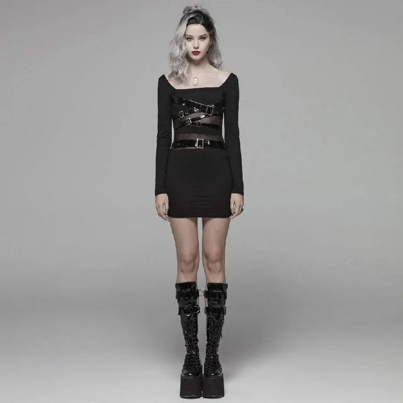 Flexible Cotton Long Sleeves DressWomen's Goth Straps Long Sleeved Sheer Black Little Dress