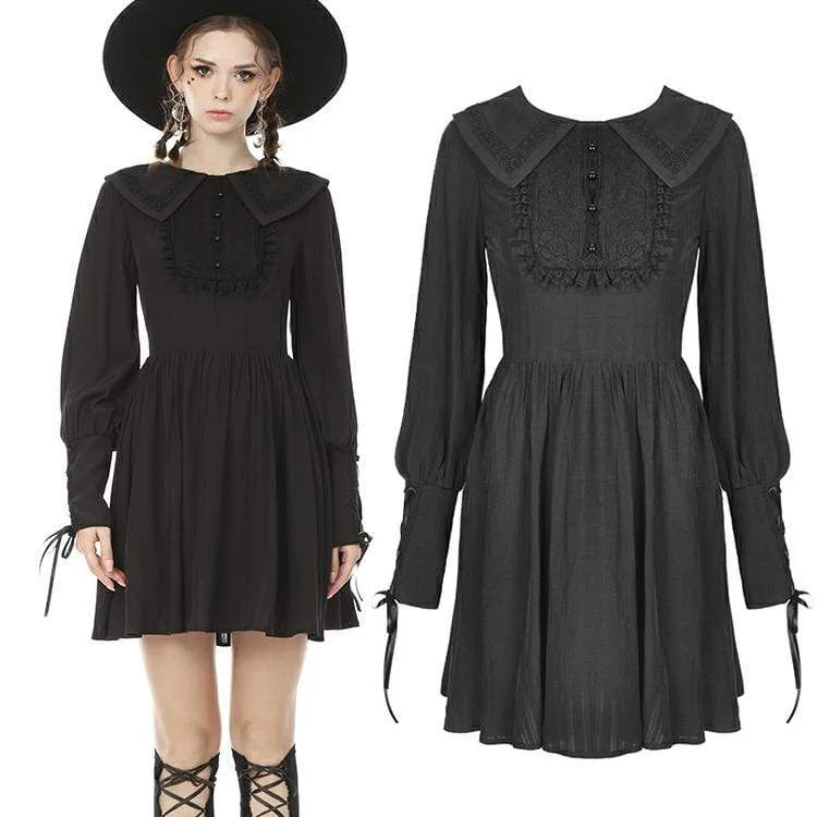 Fashionable Long Sleeves A-Line DressWomen's Goth Turn-down Collar Long Sleeved Ruffles Black Little Dresses