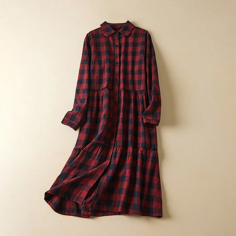 Flowing Long Sleeves Ruffle DressBabakud Women Autumn Loose Cotton Linen Plaid Long Sleeves Dress