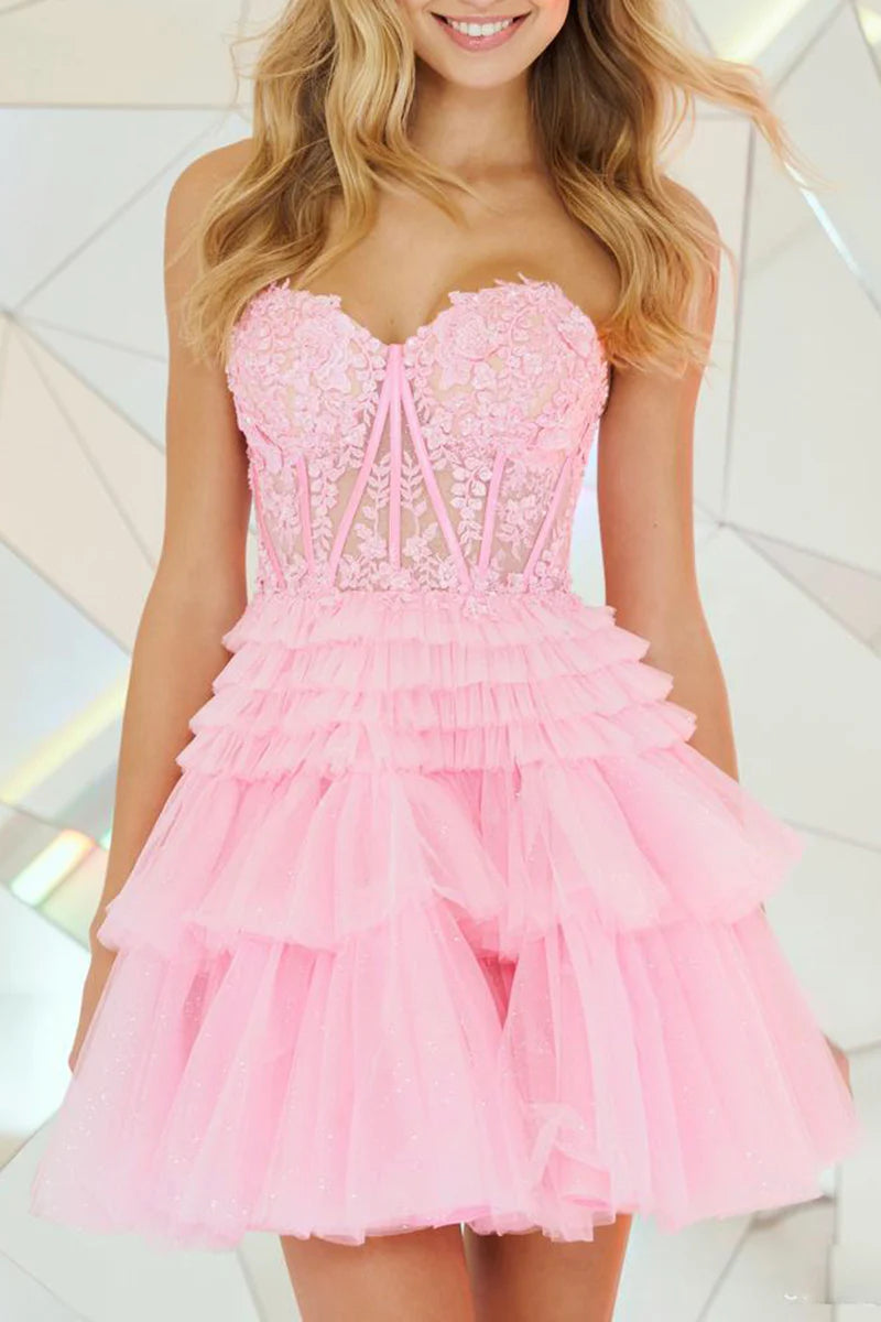 tulle party dressesA line Sweetheart Layered Lace Applique Pink Short Homecoming Dress