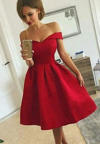 empire waist party dressesA-line Sleeveless Satin Off-the-shoulder Zipper Tea-length Homecoming Dress