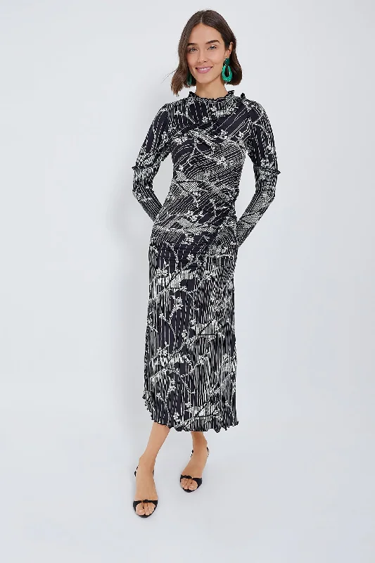 Fitted Formal Long Sleeves DressBlack Sunniva Print Ruffle Detail Long Sleeve Dress