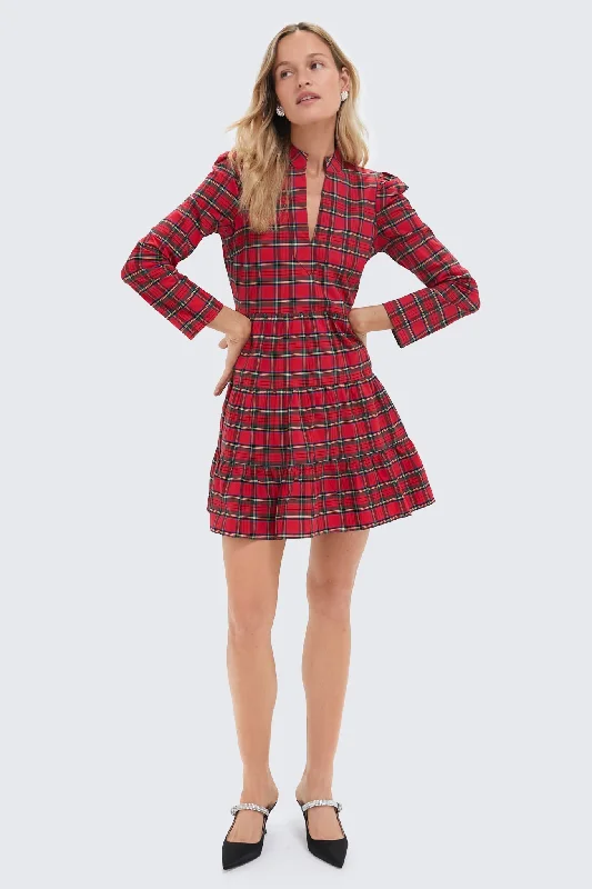 Funky Fashion Long Sleeves DressRed Plaid Long Sleeve Tunic Flare Dress