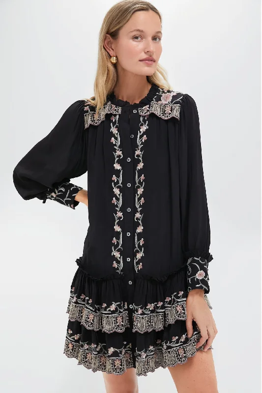 Fitted Silk Long Sleeves DressBlack Lacey Embroidery Long Sleeve Tunic Dress