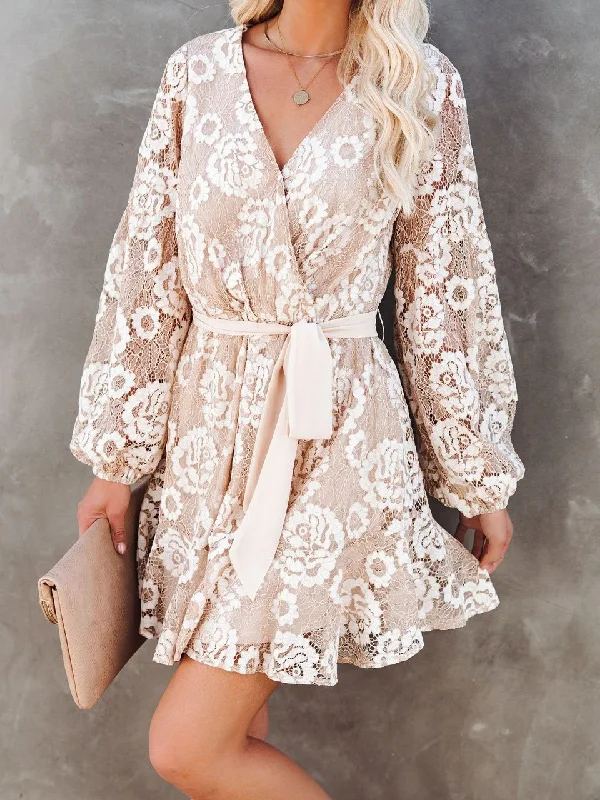 Fancy Lace Long Sleeves DressLong Sleeve Lace Printed Bohemian Ruffle Dress