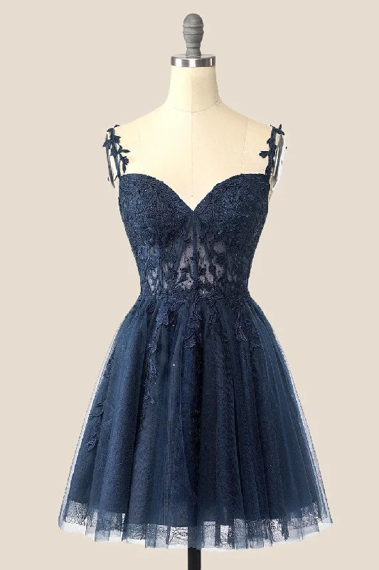 plus-size party dressesNavy Blue A-line Lace Appliques Short Homecoming Dress