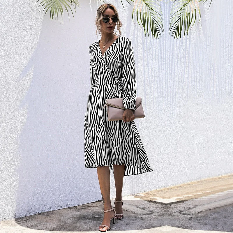 Fitted Long Sleeves High-Low DressKittenAlarm - V-neck Long Sleeve Spring Autumn Dress Women Striped Loose Boho Dress