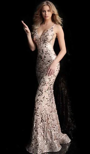 Formal Dress for Historical ReenactmentsJovani - Sequined Plunging V-Neck Fitted Gown 65570 - 1 pc Blush In Size 10 Available