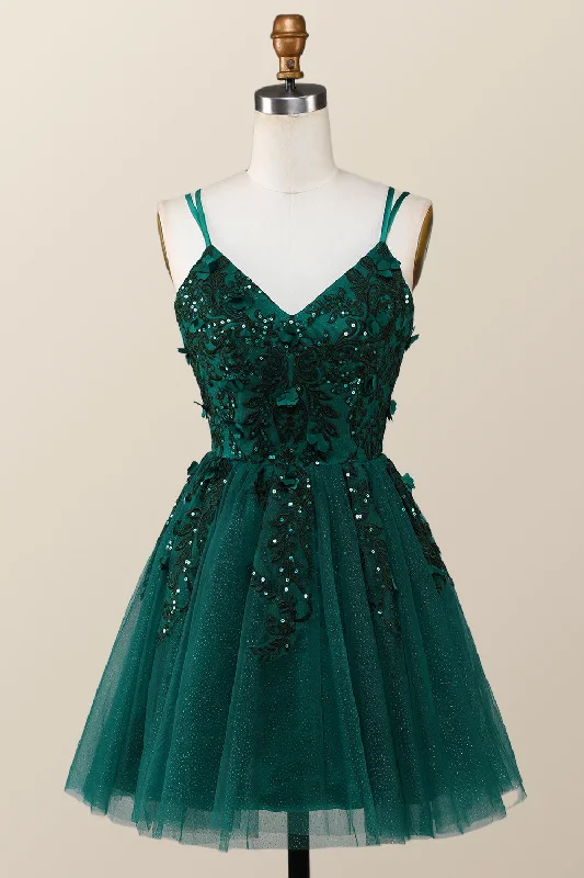 figure-flattering party dressesDark Green Embroidered A-line Short Homecoming Dress