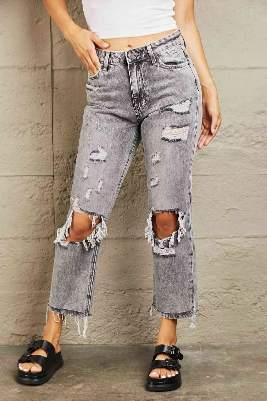 women's denim jeans for apple-shaped bodiesBAYEAS Acid Wash Distressed Straight Jeans