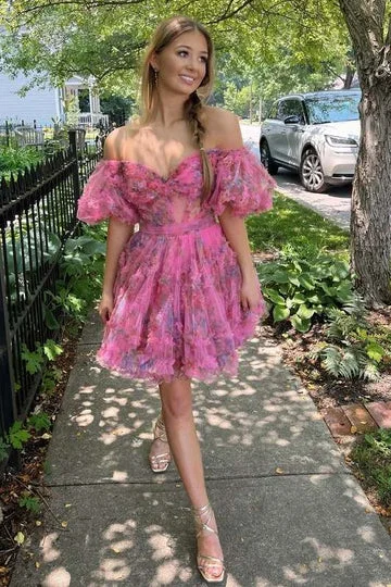 plus-size friendly party dressesDingJiDress A-Line Homecoming Dress Puff Sleeves Hot Pink Ruffle Graduation Dresses