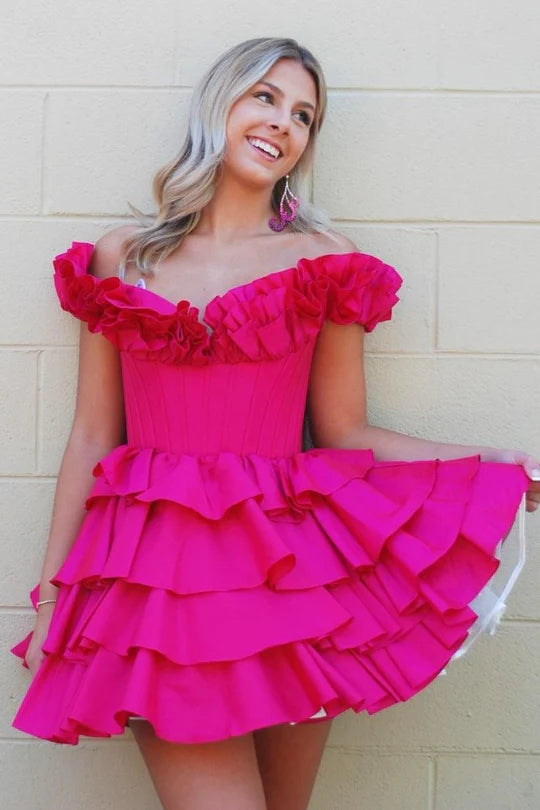 bridesmaid party dressesDingJiDress A-Line Empire-Waist Short Homecoming Dress Hot Pink Off the Shoulder Ruffle Satin