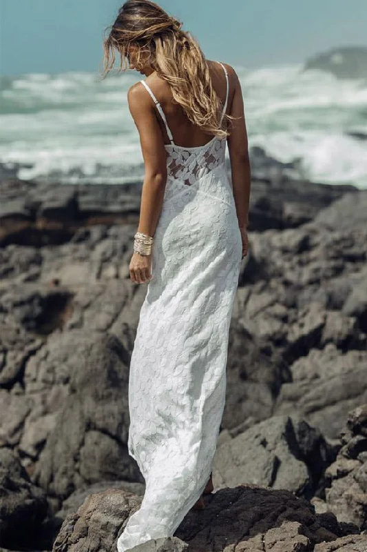 timeless wedding dressesSummer Long Sheath Spaghetti Straps Lace Backless Beach Wedding Dress OK532