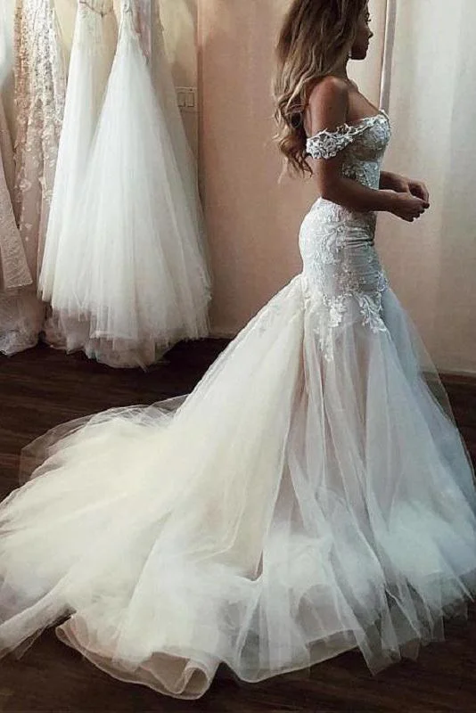 romantic wedding dressesElegant Mermaid Tulle Off Shoulder Wedding Dress with Lace Top OKU80