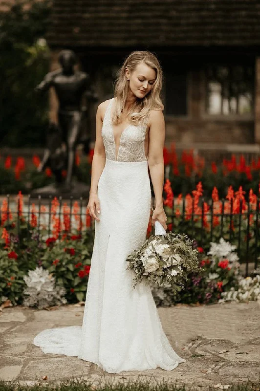 rustic chic wedding dressesSequins Lace Mermaid Bridal Gown With Deep V-Neck Front Slit Elegant Wedding Dress OKU74