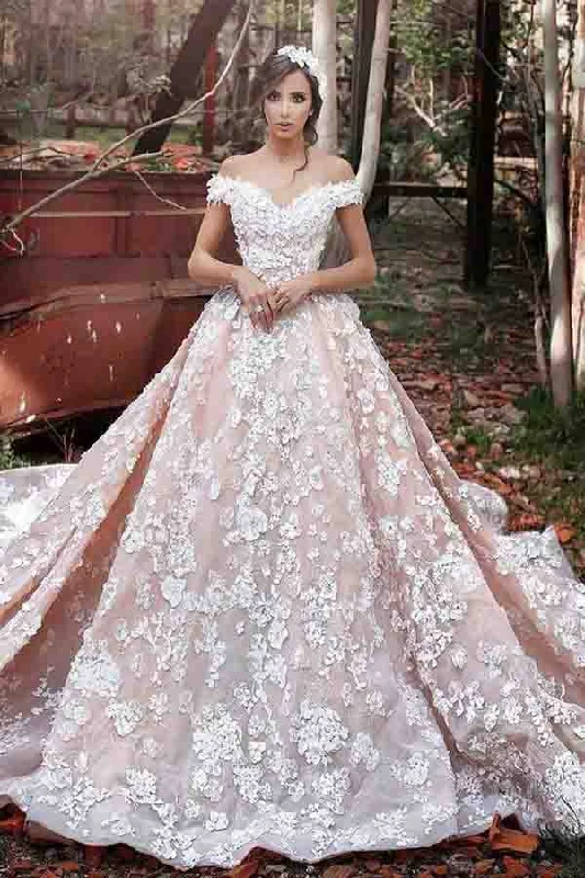 fairy tale wedding dressesLuxurious Off Shoulder Watteau Train Formal Lace Dramatic Blush Wedding Dress OK549