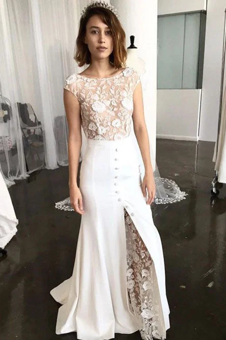 sequined wedding dressesSheath Bateau Cap Sleeves Sweep Train Lace Wedding Dress with Slit OKR36