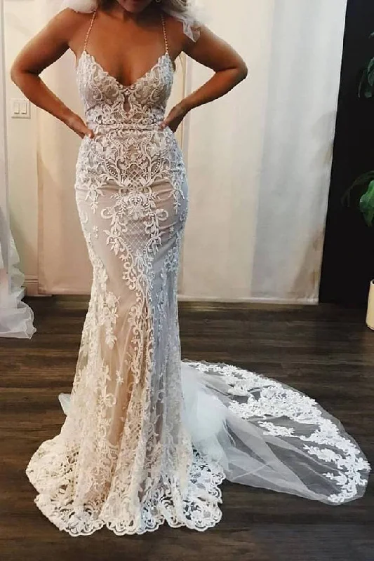 eco-friendly wedding dressesSpaghetti Strap Mermaid Wedding Dress Lace Appliques Long Bridal Dress OKP77