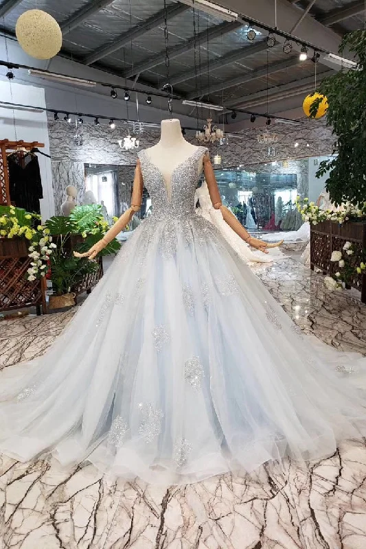 illusion sleeve wedding dressesNew Arrival Wedding Dress V Neck Lace Up Back Beads Prom Dress Tulle OKL17