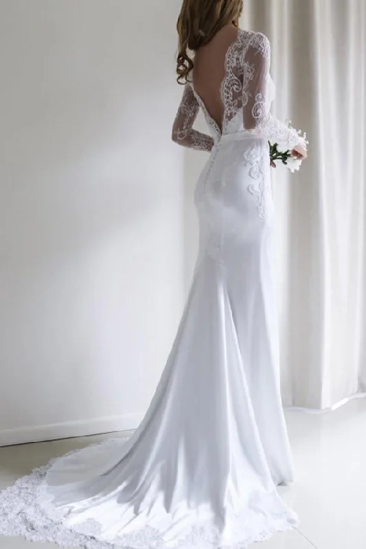 ethical wedding dressesElegant Lace Long Sleeves Sweep Train White Mermaid Wedding Dresses OKA46