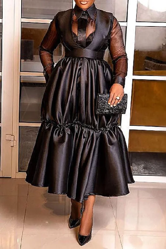 long-sleeved floral midi dressesBlack Mesh Patchwork Sophisticated Tiered Ruffle Midi Dress