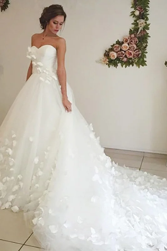 elegant bohemian wedding dressesAdorable Sweetheart Tulle A Line Court Train Off White Wedding Dresses with Flower OKB07