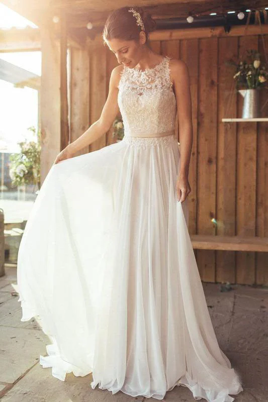 wedding dress with detachable sleevesElegant A-Line Round Neck Chiffon with Lace,Beach Boho Wedding Dress OKM88