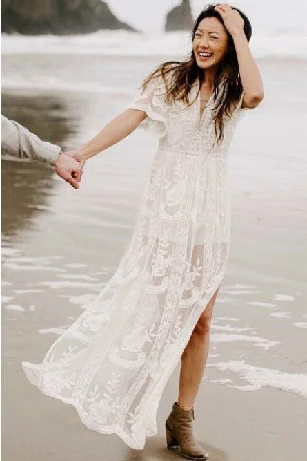 beaded wedding dressesA-line V-Neck Short Sleeves Bohemian Lace Beach Wedding Dress with Split OKR37