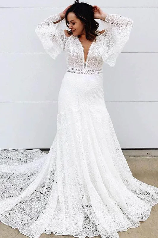 wedding dress with open backElegant A-line Lace Long Sleeves V Neck Wedding Dress OKT57