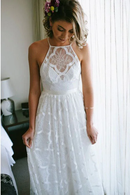 chiffon wedding dressesCharming A-line Halter Backless Sweep Train White Lace Wedding Dress OKR40