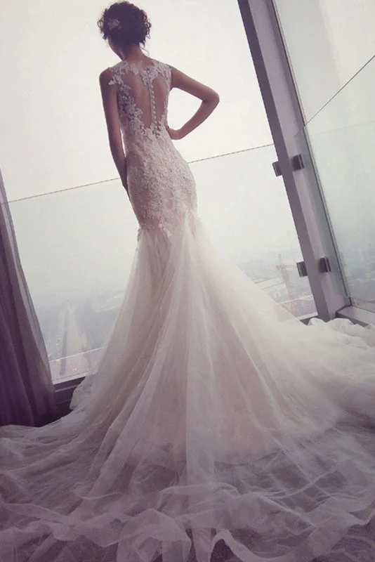 organza wedding dressesMermaid Tulle Lace Sleeveless Long Count Train Wedding Dresses OK640