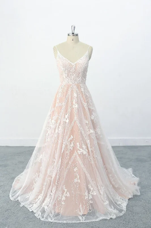 bohemian chic wedding dressesA-line Style V Neckline Nude Orange Lining Wedding Dress with Flora Lace Skirt OKU72