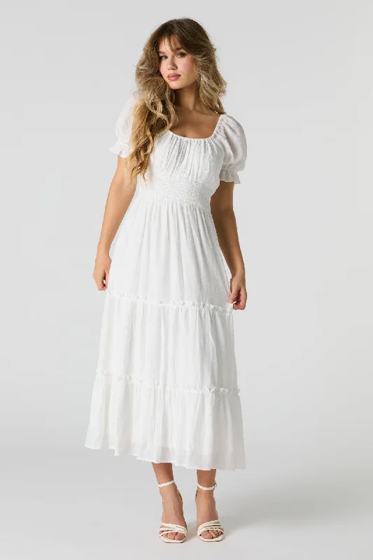 stretch midi dressesSolid Tiered Milkmaid Midi Dress